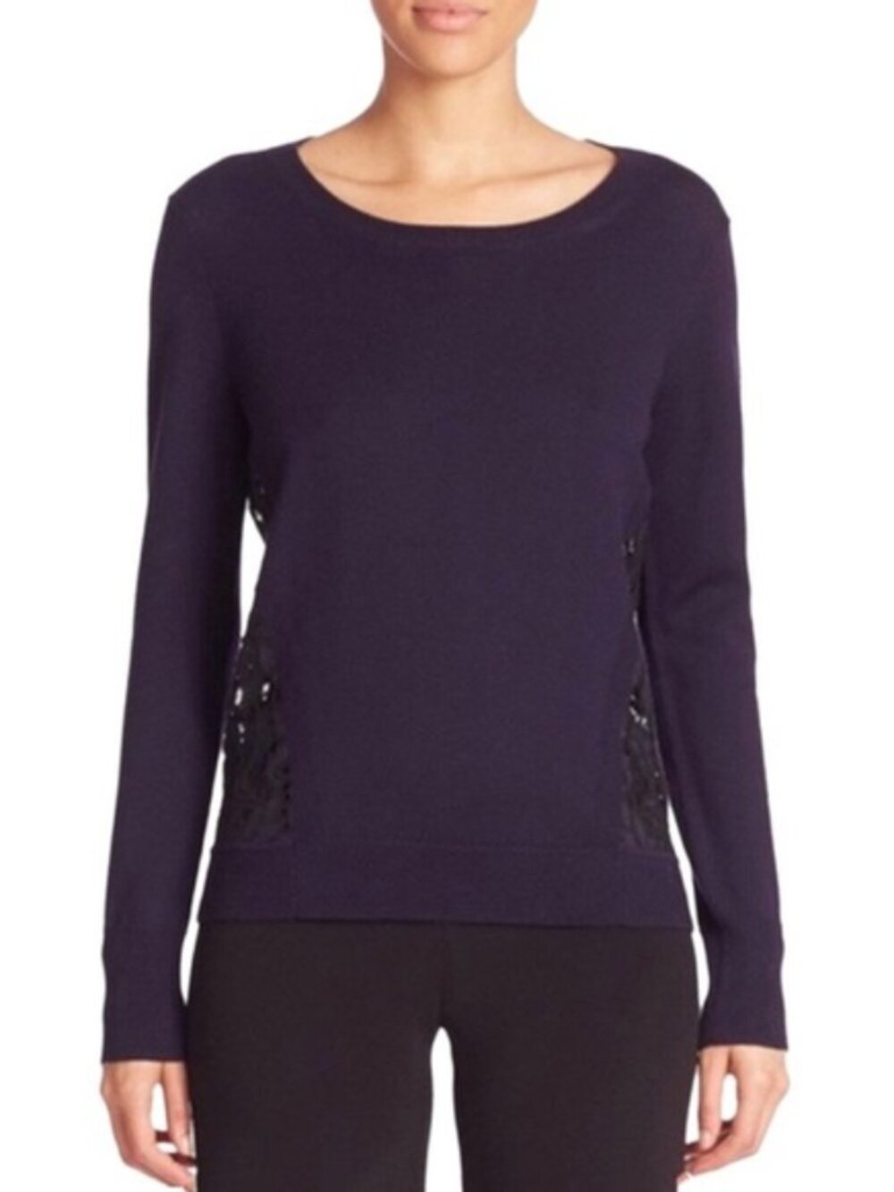 Diane von Furstenberg Sweater, Lace Back, Wool & Lace, Navy Blue Black, Large, E